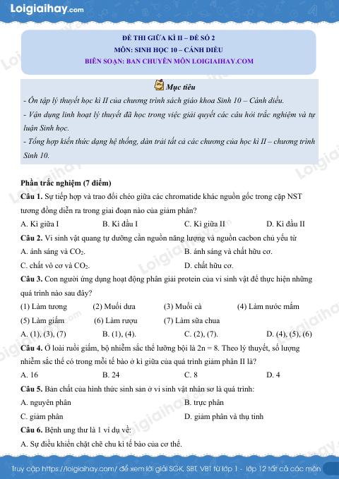 Đề thi giữa kì 2 Sinh 10 Cánh diều - Đề số 2
